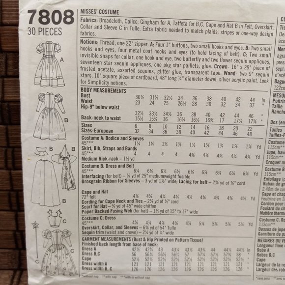 Wizard Of Oz Costume 12 Dorothy Dress 12 14 16 Witches Simplicity 7808 Pattern - Picture 3 of 6